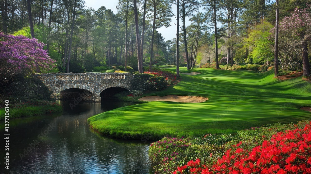 Obraz premium Serene Augusta National Golf Course: Iconic Bridge and Lush Greenery