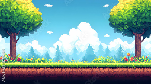 Pixel Art Landscape with Green Meadow Trees and Blue Sky Fluffy Clouds on a Sunny Day Background in Pixelated Style
