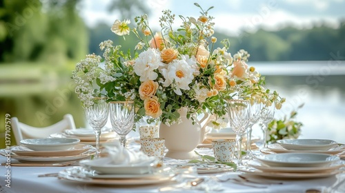 Elegant outdoor floral centerpiece on lakeside patio