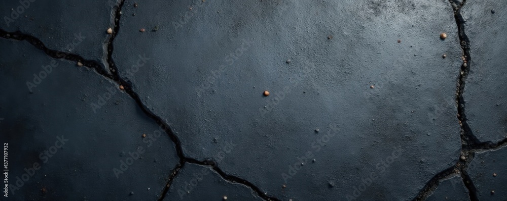 Obraz premium Dark grey concrete background with cracks and pebbles, urban landscape, black stone wall