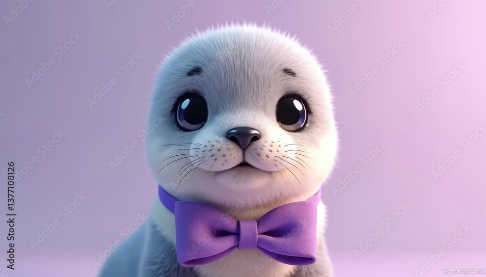 Fototapeta premium Cute baby seal wearing purple bowtie on lavender background. Adorable animal, big eyes. Marine wildlife theme suitable for kids, eco awareness, nature conservation, fun design. Ideal for print,