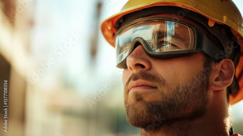 A construction worker wearing a helmet and safety goggles on-site. Featuring preparation and safety