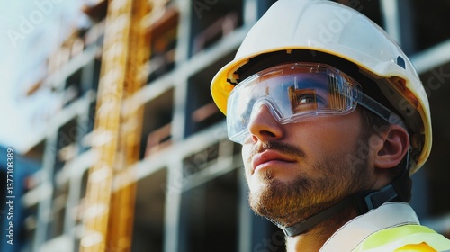 A construction worker wearing a helmet and safety goggles on-site. Featuring preparation and safety