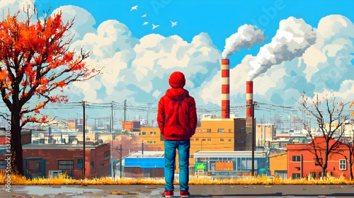 Pixel Art of Distant Cityscape with Factory Chimneys and Autumn Tree in Foreground Featuring Young Person in Red Hoodie on Cloudy Day