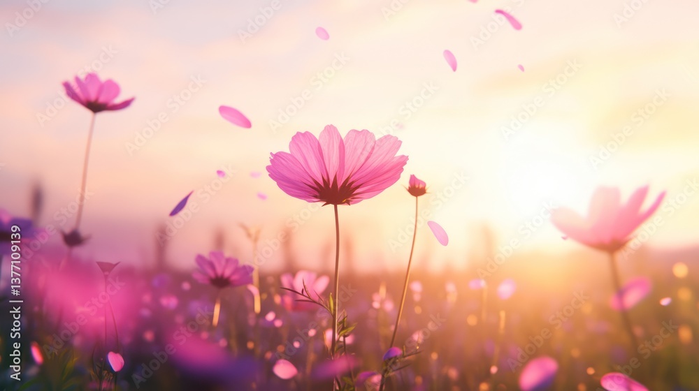 Naklejka premium Pink cosmos sunset field, petals falling, peaceful background, nature card