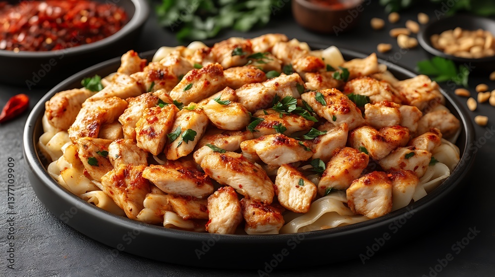 Fototapeta premium Delicious Chicken and Noodles Dish with Chili Oil and Parsley