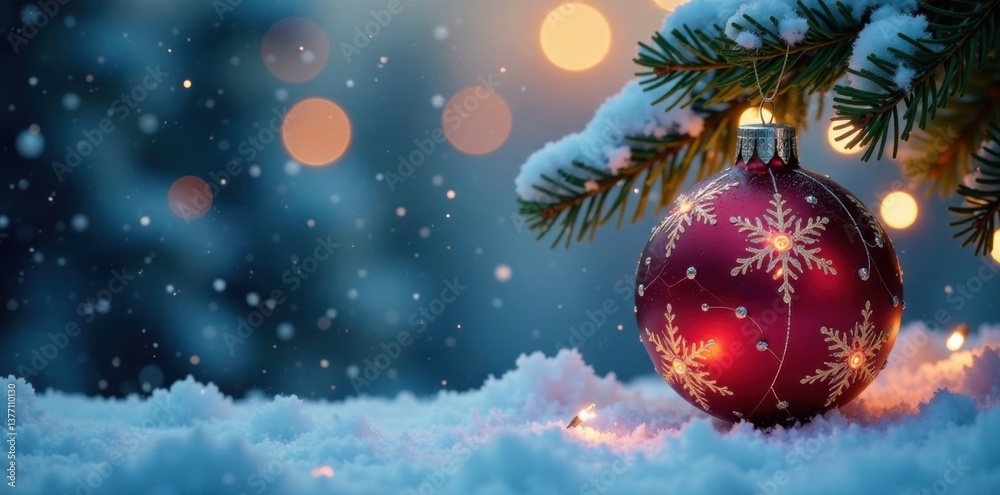 Obraz premium Decorative ball with LED lights and ornaments suspended from a branch, against a winter background, lights, winter