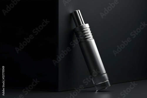 Elegant perfume bottle presentation showcasing luxury and style with a cylindrical design, set against a modern and minimalist monochromatic studio setting
