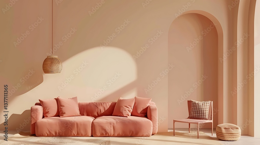 Naklejka premium Modern living room interior with pastel coral pink armchair, pendant lamp on beige wall background