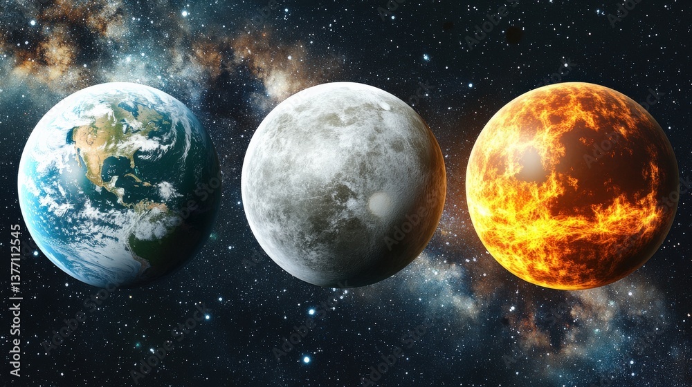 Obraz premium Comparison of Earth, Moon, and a Hypothetical Planet