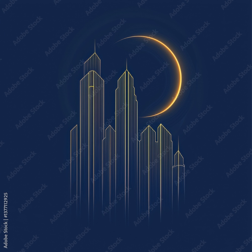 Fototapeta premium A minimalist skyline featuring tall buildings and a crescent moon against a dark blue background.