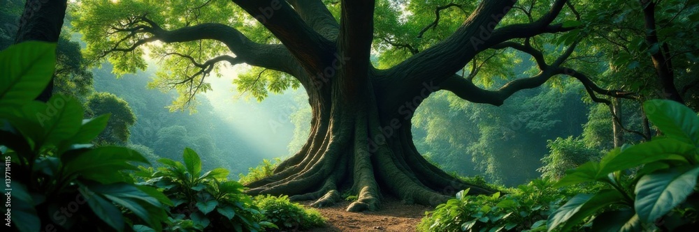 Obraz premium Dense foliage surrounds a massive kapok tree in the heart of the jungle , forest, humidity, jungle