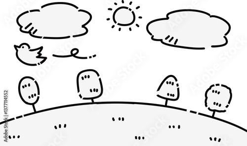 鳥が飛ぶシンプルな自然風景のイラスト　主線のみ
