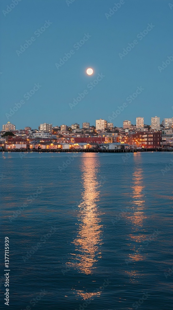 Obraz premium Night cityscape reflected on calm water under a full moon. Serene, peaceful atmosphere.