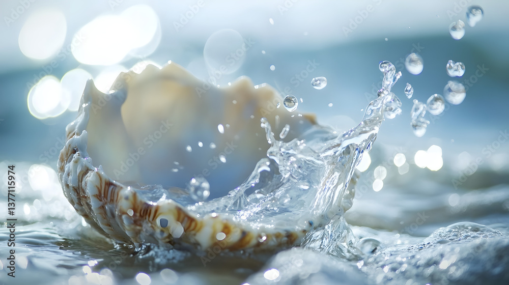 Seashell Splendor: A beautiful seashell nestles at the water's edge, as playful ocean water splashes playfully over its surface, the water droplets reflecting the soft sunlight. Seashell Splendor: A beautiful seashell nestles at the water's edge, as playful ocean water splashes playfully over its surface, the water droplets reflecting the soft sunlight.