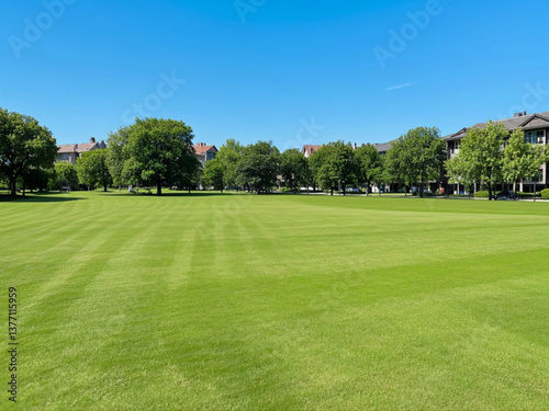 Obraz na płótnie Green tree and green grass in public park with blue sky and some trees and residential houses in the distance. w salonie