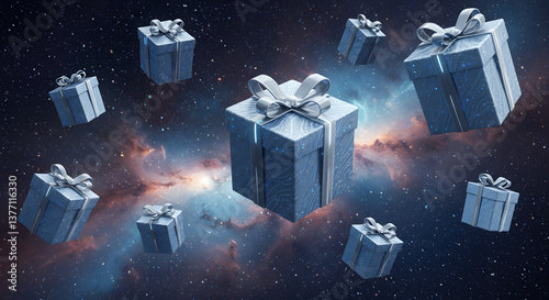 Fototapeta Naklejka Na Ścianę i Meble -  Generative AI illustration of futuristic silver and blue gift boxes floating in a cosmic space setting with twinkling stars.
