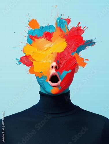 A creative representation of a person with a vibrant explosion of paint colors emerging from their head, symbolizing artistic expression and emotion.