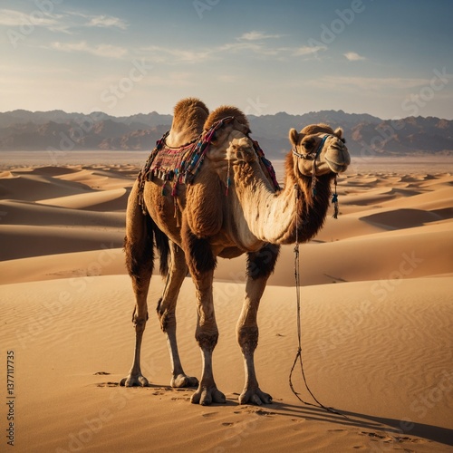 Bactrian camel standing in a vast desert with golden dunes stretching to the horizon.