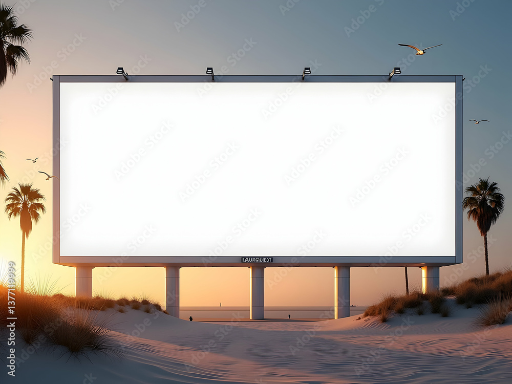 Enormous billboard on sandy beach at sunset offering perfect advertising opportunity with palm trees, birds, and ocean view providing a serene coastal backdrop Enormous billboard on sandy beach at sunset offering perfect advertising opportunity with palm trees, birds, and ocean view providing a serene coastal backdrop