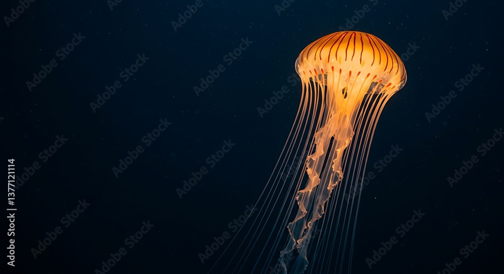 Glowing Jellyfish Swimming in Deep Ocean with Long Tentacles Glowing Jellyfish Swimming in Deep Ocean with Long Tentacles