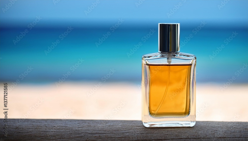 Elegant Blank Perfume Bottle Mockup with Beach Background and Natural Daylight Elegant Blank Perfume Bottle Mockup with Beach Background and Natural Daylight
