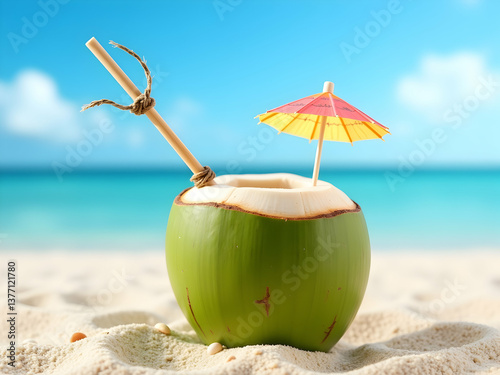 Exotic beachside refreshment, Close-up of a fresh coconut drink served in its husk with a straw and umbrella on the sandy shore with ocean view