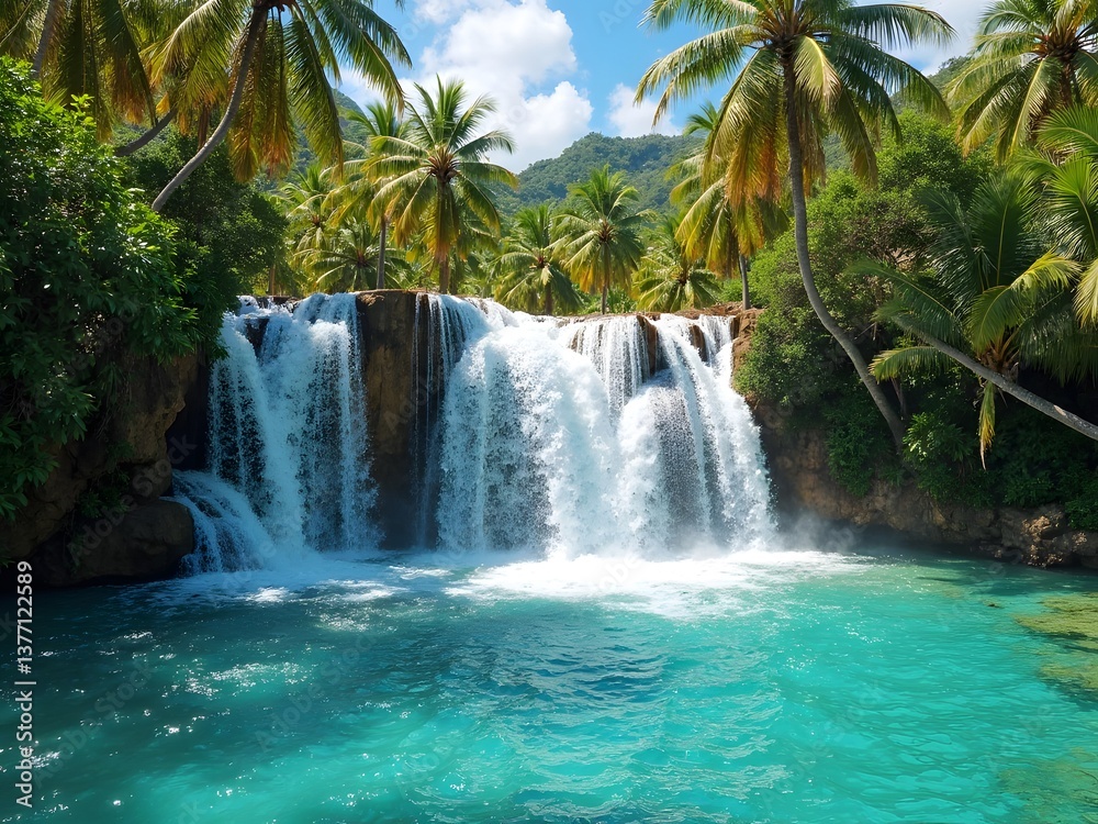 Fototapeta premium Tropical Paradise with Waterfall and Lagoon: A stunning waterfall flowing into a crystal-clear lagoon, surrounded by tropical palm trees and lush greenery.