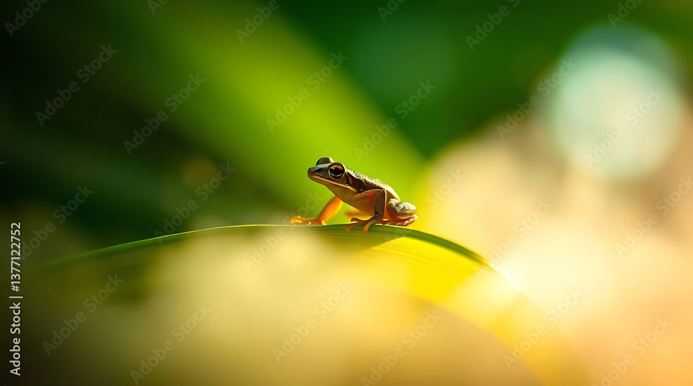 Small frog perched on leaf in sunlit forest Small frog perched on leaf in sunlit forest