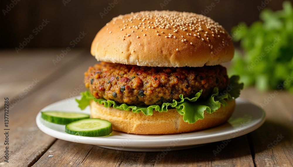 Lentil patty burger with fresh lettuce and cucumbers on a plate Lentil patty burger with fresh lettuce and cucumbers on a plate