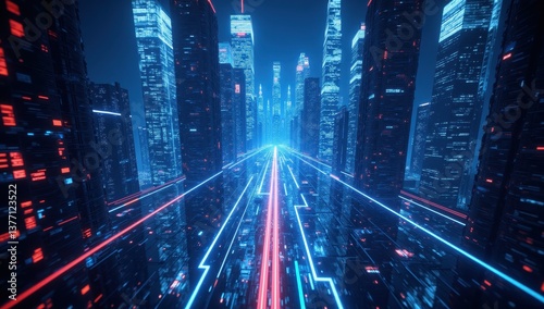 Futuristic cityscape with glowing digital pathways in skyscrapers