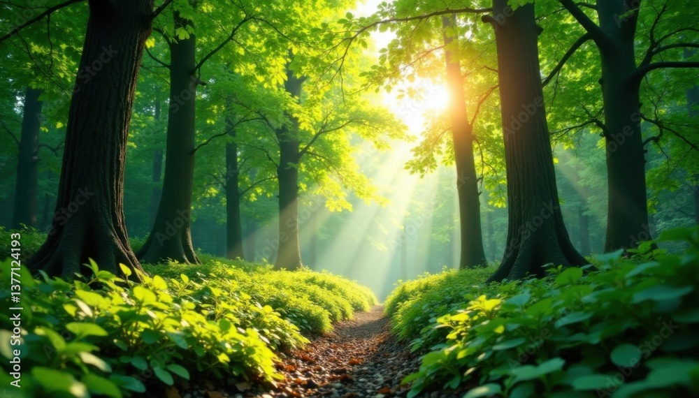 Naklejka premium Forest with sunlight filtering through green leaves, forest, trees