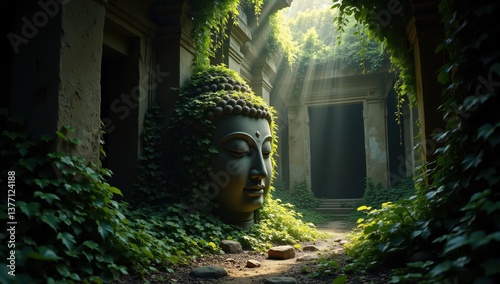 Half Buried Buddha Head in an Abandoned Temple Surrounded by Ivy