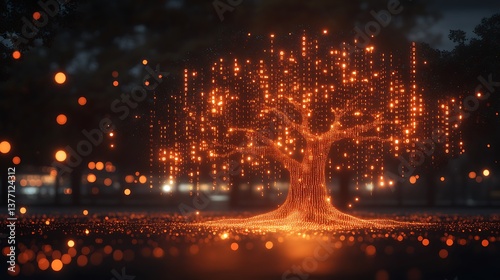 An abstract digital tree with glowing binary leaves on a dark tech background, symbolizing tech-driven business ideas.