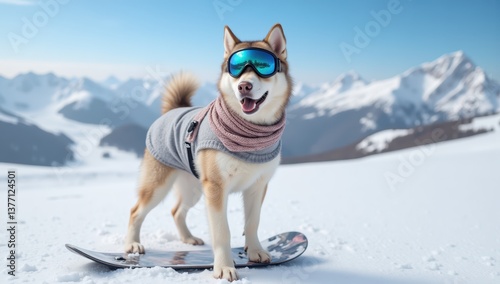 Playful Husky Dog Dressed for Winter Sports on Snowy Mountain