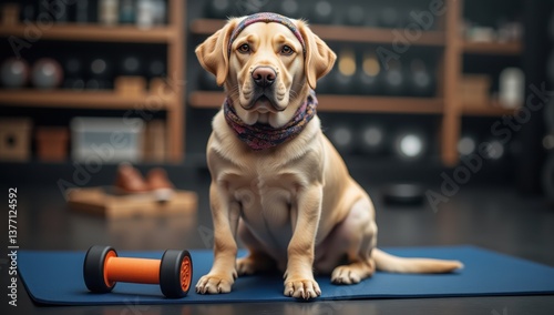 Energetic Labrador Dog as Fitness Coach with Dumbbell and Yoga Mat