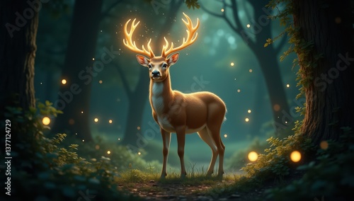 Enchanted Deer with Glowing Antlers in a Magical Forest at Dusk