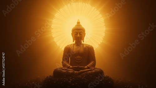 Majestic Buddha Statue Bathed in Ethereal Golden Light at Dawn