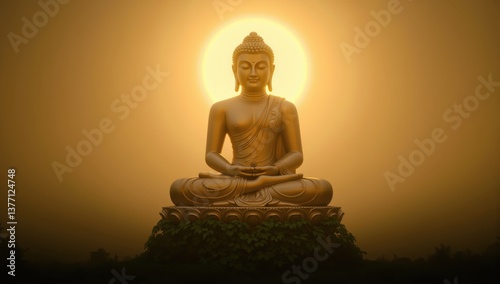 Majestic Buddha Statue Bathed in Golden Light at Dawn with Halo