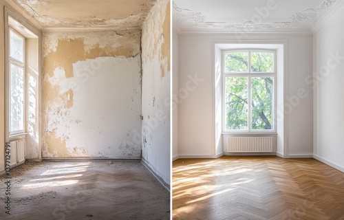 Empty room transformation from dilapidated to modern
