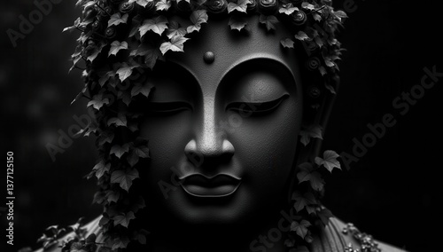 Tranquil Buddha Statue with Overgrown Ivy in Minimalist Monochrome