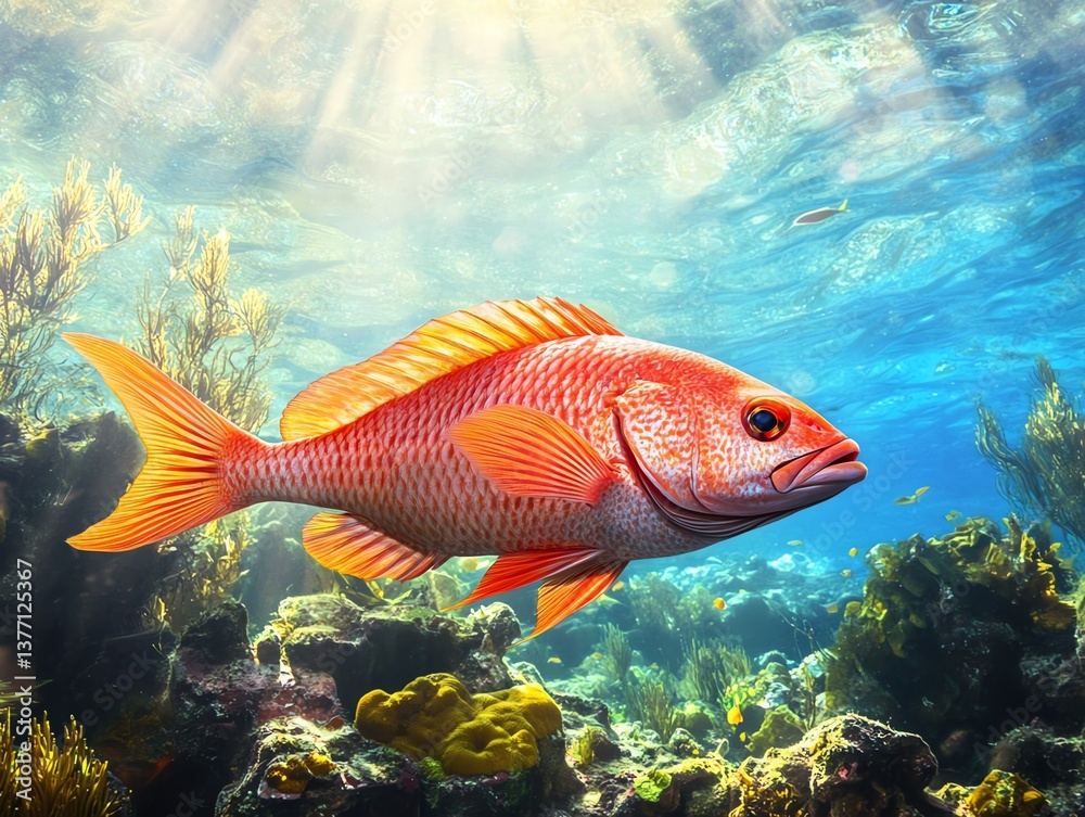 Naklejka premium Red Snapper Swimming Above Coral Reef with Sun Rays Shining Through