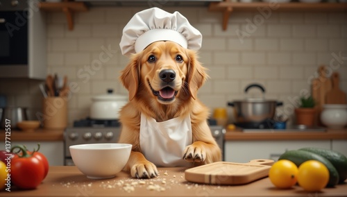 Playful Golden Retriever Chef in Kitchen with Ingredients and Joyful Expression