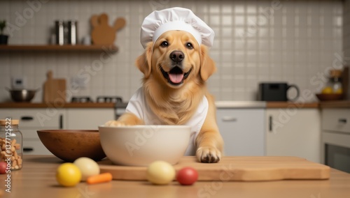 Playful Golden Retriever Chef in Kitchen Mixing Ingredients Joyfully