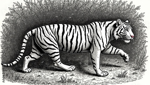 Elegant Tiger Walking Through Lush Jungle Foliage in Vintage Style