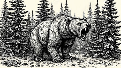 Roaring Bear Standing in Dense Pine Forest with Detailed Linework
