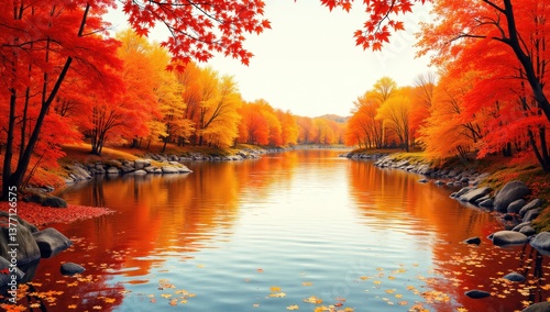Serene Autumn Lake Surrounded by Vibrant Red and Orange Trees