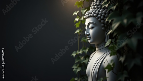 Striking Monochrome Buddha Head Surrounded by Ivy in Soft Light