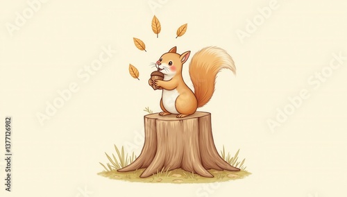 Squirrel Holding Acorn on Tree Stump Surrounded by Falling Leaves