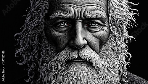 Engraving of a Wise Old Man with Deep Wrinkles and Flowing Beard